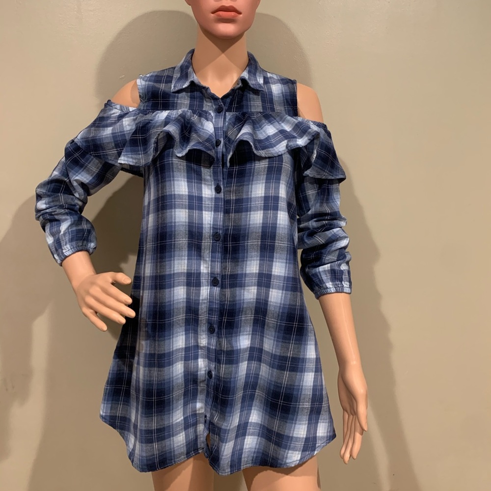 Plaid Cold Shoulder Button Down Shirt Dress